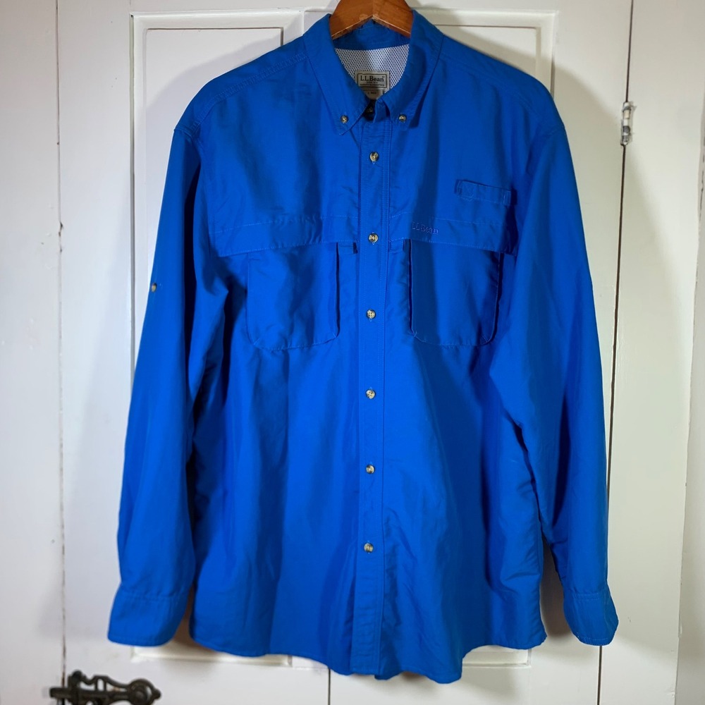 LL Bean Mens Large Blue Technical Fishing Shirt Long Sleeve Roll Tab Vent 192202